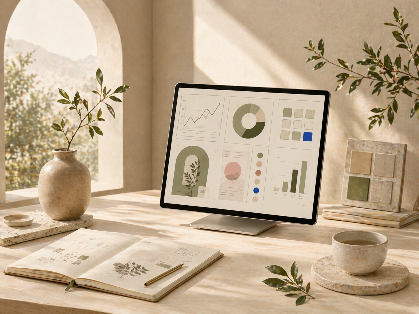 A calm workspace with a computer, notebook, plants, and soft neutral design materials